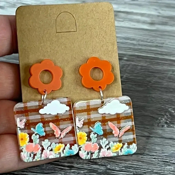 Acrylic Flatback Orange Floral Butterfly Dangle Earrings - Picture 2 of 8